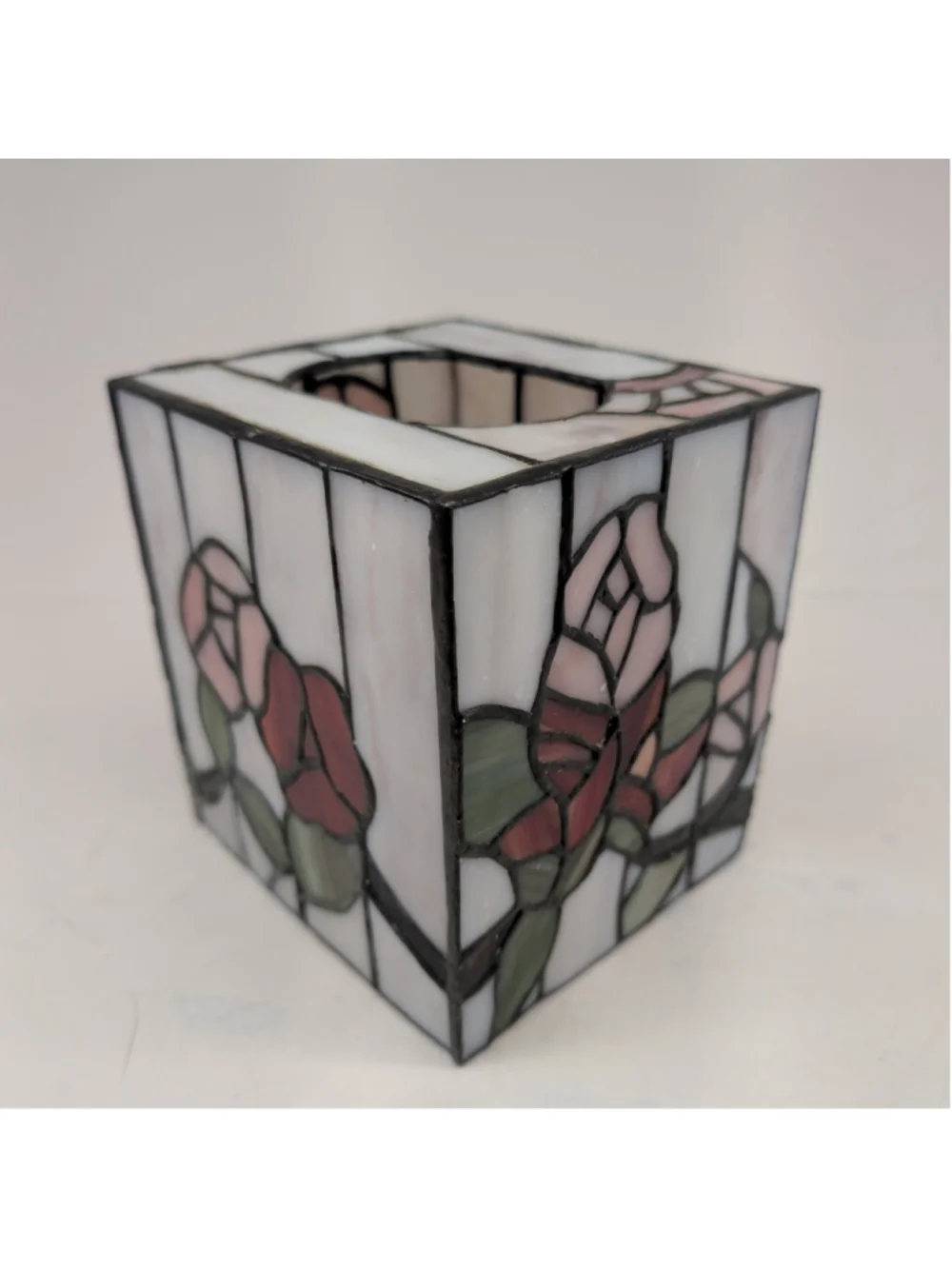 Stained glass floral rose square tissue box holder